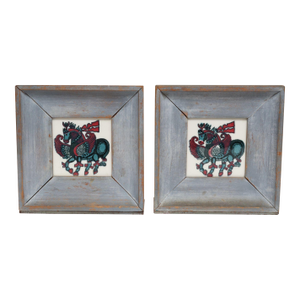 Vintage Deco Folk Art Painted Wood and Wheeling Ceramic Tile "Pegasus" Bookend