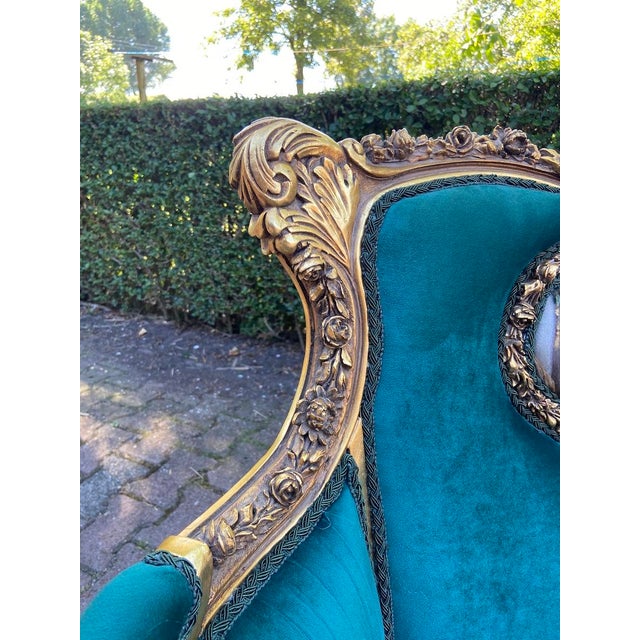 1980 French Artisan Louis XVI Gold Green Velvet Settee For Sale - Image 9 of 12