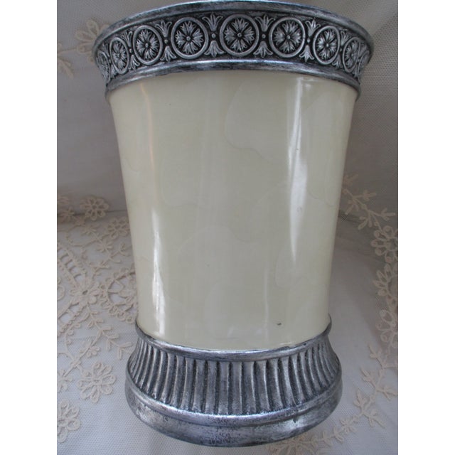 Art Nouveau Vintage Resin Alabaster With Ornate Silver Trim Wastebasket 10" Tall For Sale - Image 3 of 8