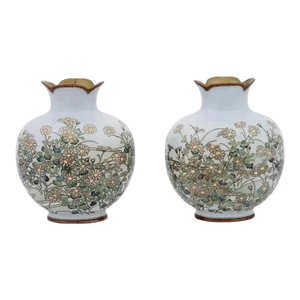 Late 19th Century A Pair of Meiji Japanese Cloisonne Silver Wire Vases With Dandelions