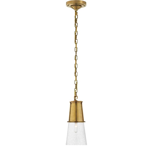 Thomas O'Brien for Visual Comfort Signature Robinson Small Pendant in Hand-Rubbed Antique Brass with Seeded Glass For Sale