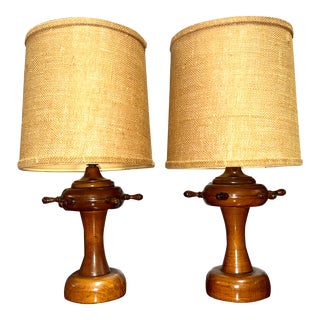 Mid Century Modern Walnut Nautical Ships Wheel Table Lamps - a Pair For Sale