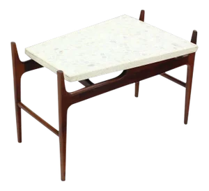 Vintage Mid Century Trapezoid Travertine Terrazzo Top Walnut Base End Side Table