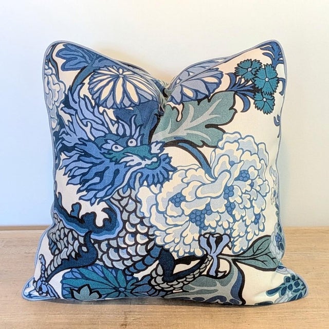 Aqua Schumacher Chiang Mai Dragon Pillows in China Blue With Aqua Pave Print Backs - Pair For Sale - Image 8 of 11