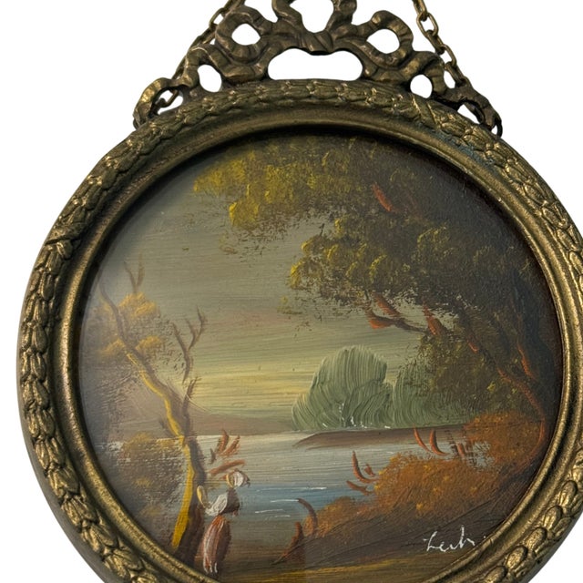 Mid 20th Century Vintage Italian Miniature Oil Landscape Painting in Ornate Victorian Brass Frame | Signed For Sale - Image 5 of 12