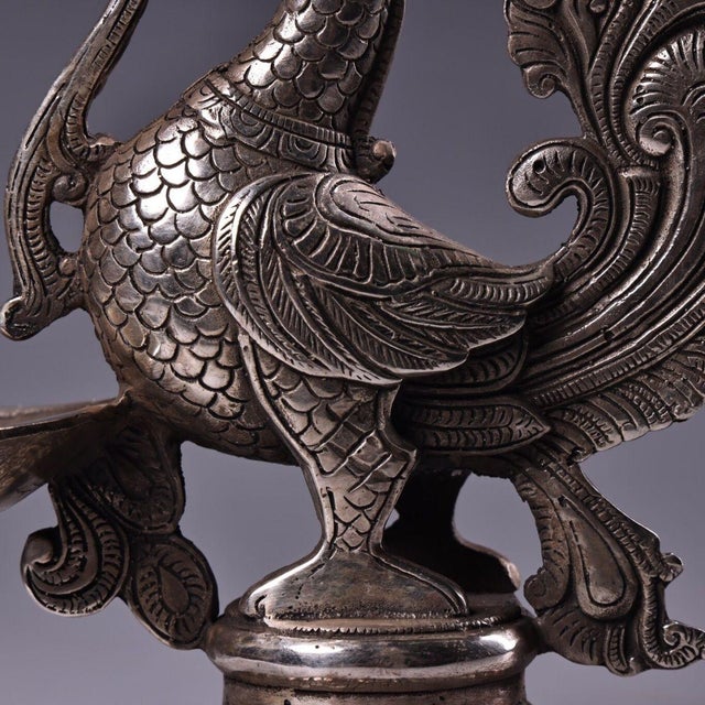Late 19th Century Silver-Plated Phoenix Oil Lamp With Gemstone Inlay, 845g, Figural Bird Ewer For Sale - Image 5 of 9