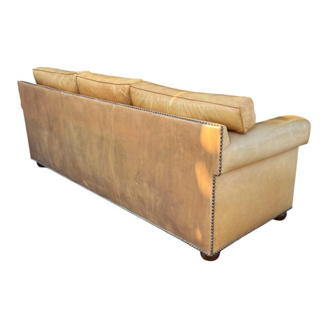 Vintage English Leather Sofa Tan Color Nail Head Trim Feather Down Cushions For Sale - Image 11 of 18