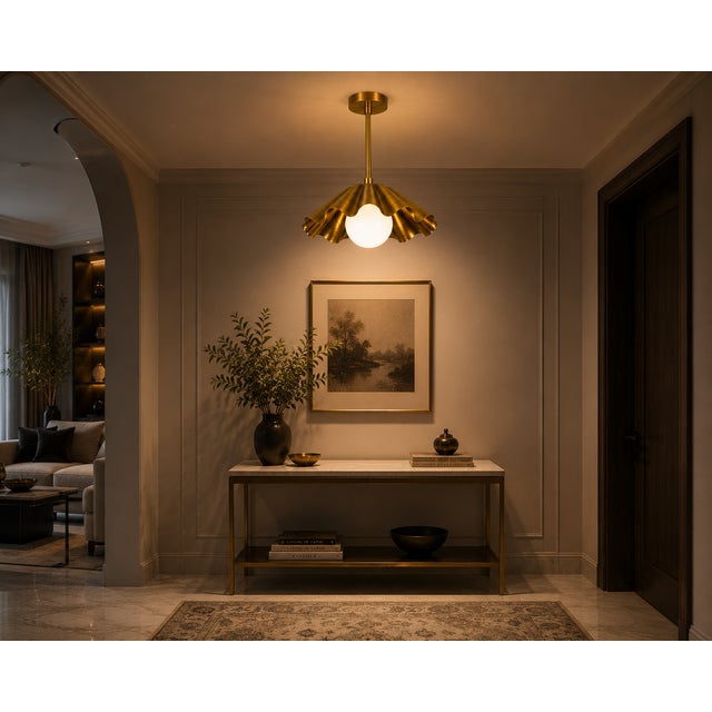 Scalloped Brass Pendant Light, Handcrafted Solid Brass Scalloped Pendant With Opal Glass Globe For Sale - Image 9 of 12