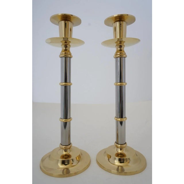 Metal 1970s Polished Mixed Metal Candle Holders Candlesticks - a Pair For Sale - Image 7 of 7