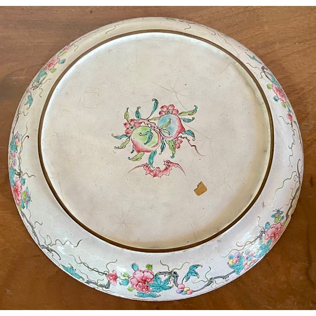 Antique 18th C. Chinese Qianlong Period (1736 - 1795) Canton Dish Painted Enamel on Copper With Flowers, Cricket and Bat For Sale - Image 12 of 13