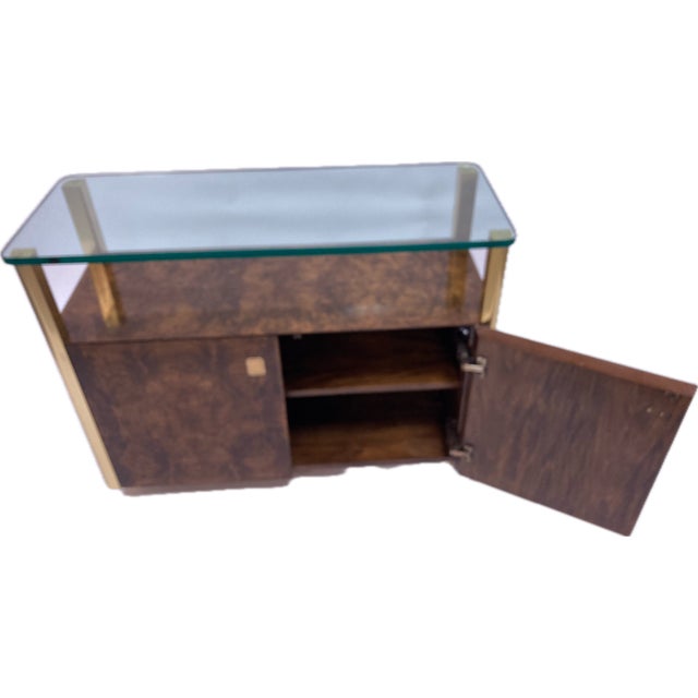 Late 20th Century Late 20th Century Bookmatched Burl Veneer Bar Cart With Brass Frame and Glass Top For Sale - Image 5 of 5