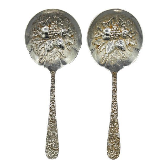 Pair of 1924 S. Kirk & Son Sterling Silver Repousse Spoons For Sale