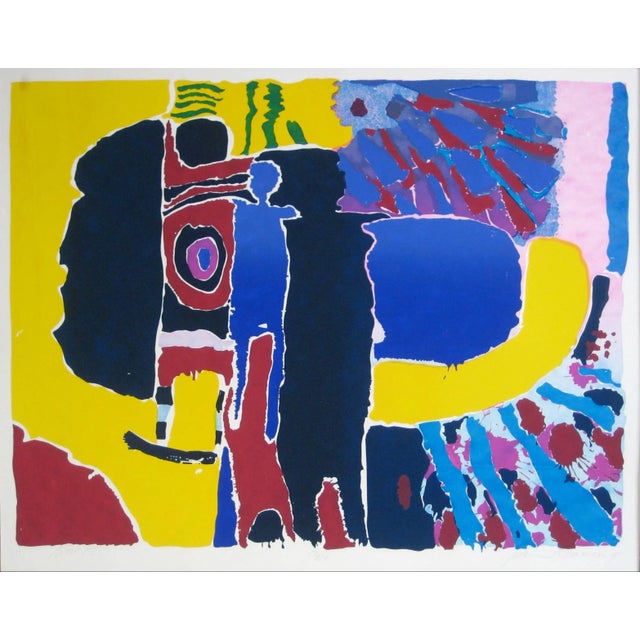 Abstract John Denning Bright Abstracted Figures With Yellow, Blue and Black, Silkscreen, 1975 For Sale - Image 3 of 3