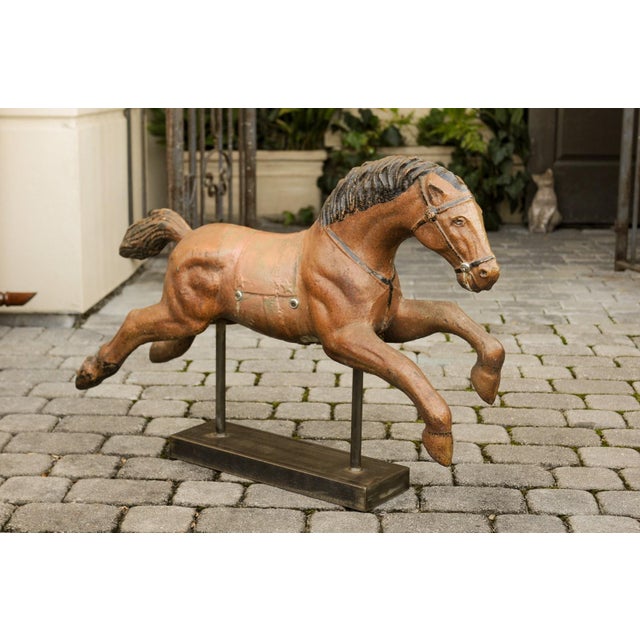 Mid 20th Century Vintage 1940s Folk Art Painted Iron Child Riding Horse Mounted on Custom Base For Sale - Image 5 of 12