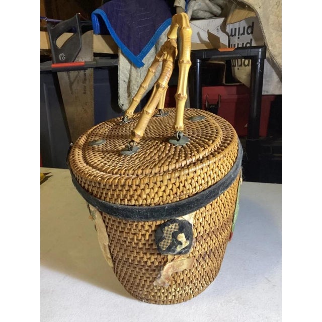 Textile Antique Chinese Woven Wedding Basket With Silk Appliqué Decorative Basket For Sale - Image 7 of 10
