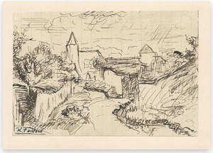 Robert Fontene, View of the Village in the Nature, Ink Drawing, Mid-20th Century