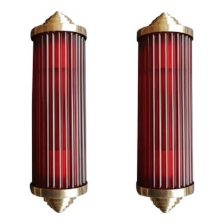 Vintage Art Deco Light Old Lamp Wall Sconces Fixture Brass & Red Glass Rod Ship Light - Pair For Sale