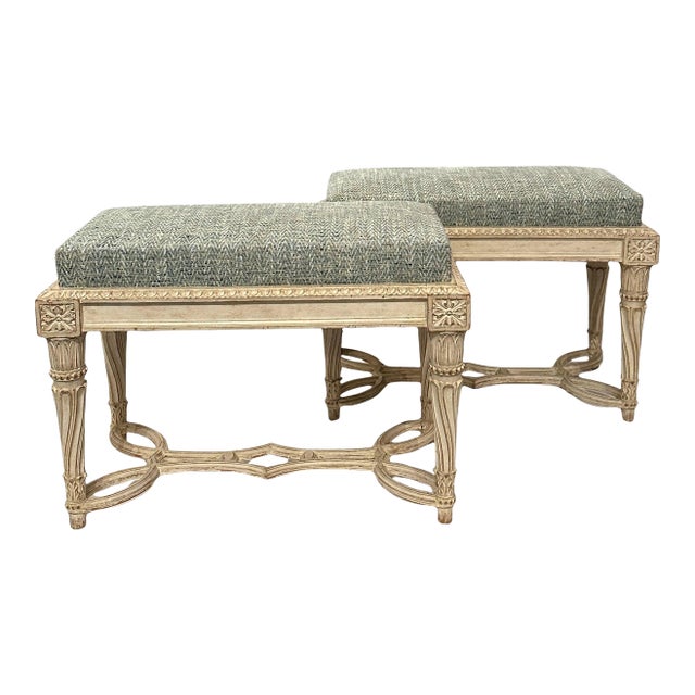 Carved and Gessoed Benches with Waxed Finish - A Pair For Sale