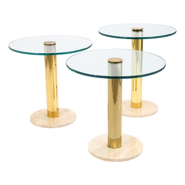 Set of 3 Leon Rosen for Pace Brass Glass & Travertine Post Modern Side Tables For Sale