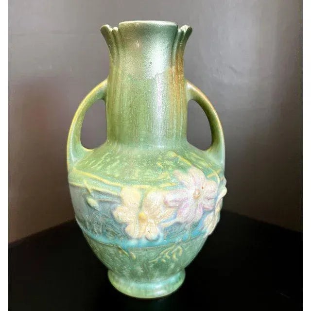 1939 Roseville "Cosmos" Art Deco, Pastel Green Art Pottery Vase #946-6 For Sale - Image 6 of 11