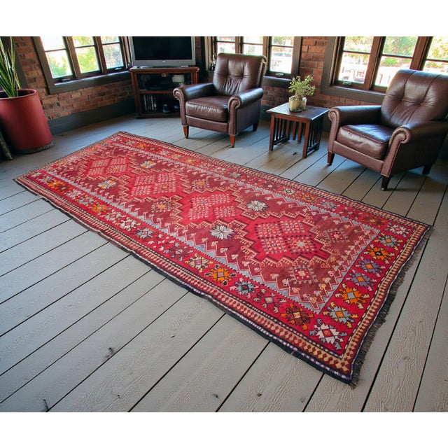Mid-Century Modern 1940s Antique Turkish Rug Kilim Handmade Wide Runner - 4′11″ X 12′5″ For Sale - Image 3 of 17