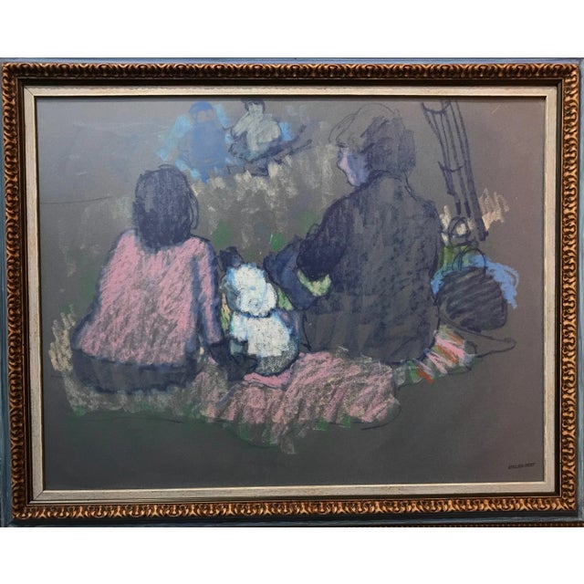 "Family Picnic" Pastel Drawing on Toned Paper, Estate Stamped "Atelier Bert" (Pascal Bert) For Sale - Image 4 of 5