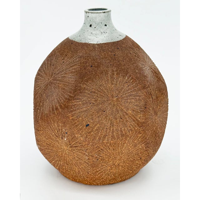 Robert Maxwell Mid-century Sunburst Stoneware Bud Vase, 1960s Offered for sale is a unique mid-century modern sunburst bud...