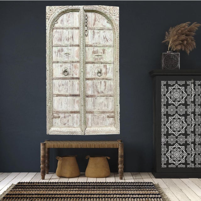 Antique Indian Jharokha Terrace Window | Distressed Green Hand-Carved Wall Decor 62x37 For Sale In Orlando - Image 6 of 6