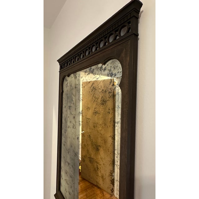 Vintage Antiqued Mirror in Dark Walnut Frame With Moorish Arch Detail For Sale - Image 4 of 12