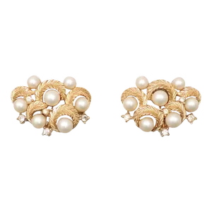 Vintage Signed Crown Trifari Goldtone Faux-Pearl & Clear Rhinestone Clip Earrings - 2 Pieces