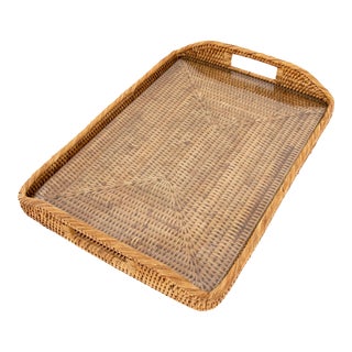 Artifacts Rattan Rectangular Tray with Glass Insert in Honey Brown - 14" For Sale