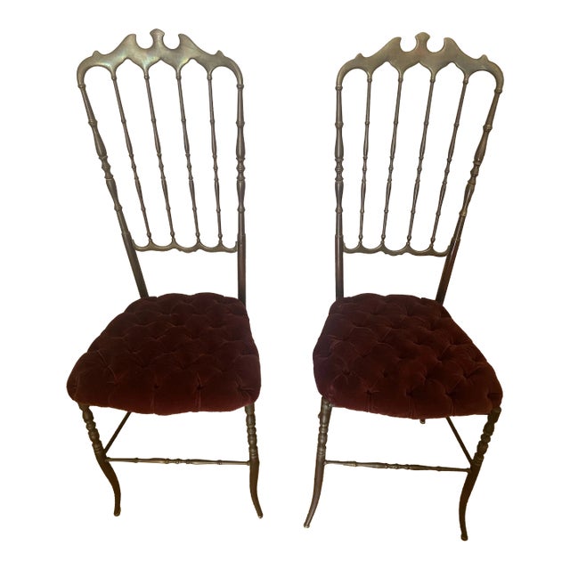 1960s Brass and Velvet Mid Century Chiavari Chairs Set of 2 For Sale