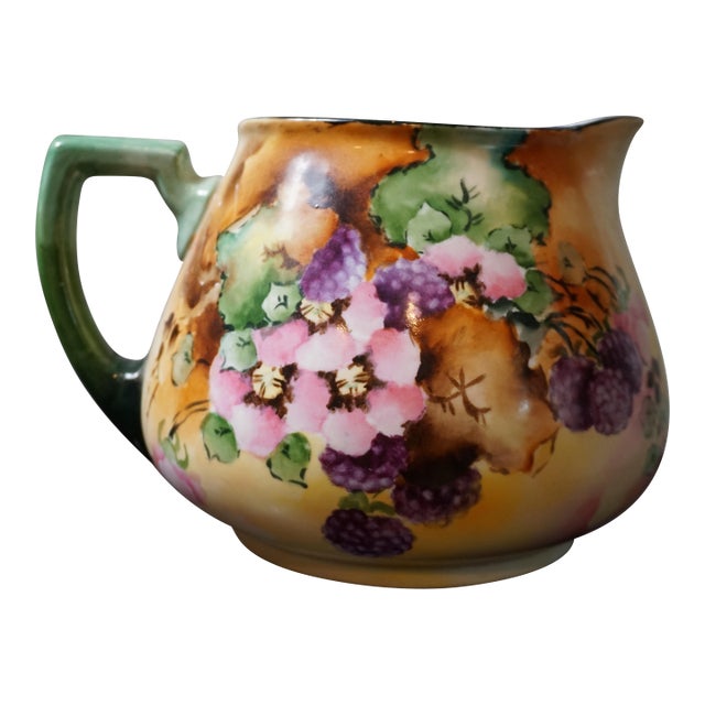 Antique William Guérin & Co. Limoges Hand-Painted Blackberry & Blossom Porcelain Pitcher, France, C. 1900–1910 For Sale