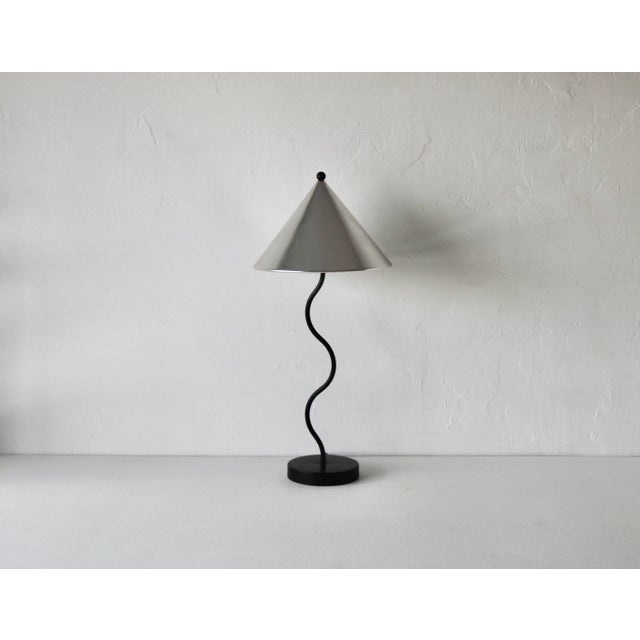Metal 1980s Memphis School Style Squiggle Lamp Black Table Lamp Silver Cone Shade Vintage Post Modern For Sale - Image 7 of 16