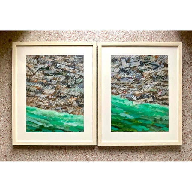 Light Green Vintage Abstract Expressionist Green Landscape Paintings, Pair For Sale - Image 8 of 13