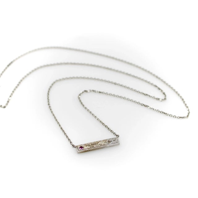1990s 14K White Gold Bar Necklace with Diamond and Pink Tourmaline For Sale - Image 4 of 6
