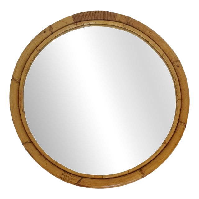 Vintage Round Wicker Mirror, 1960s For Sale