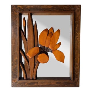 1982 Carpy Tropical Organic Carved Wood Iris Flowers Wall Mirror For Sale