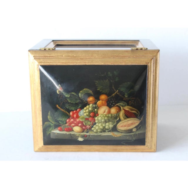 Chinoiserie Chinoiserie Lacquered Wood Gold Finish Lidded Box Fruit Still Life Decal Detail Vintage Mid Century For Sale - Image 3 of 11