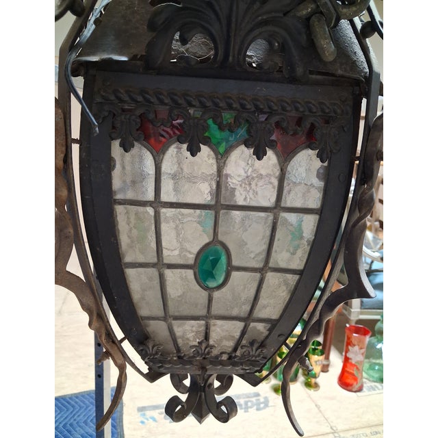 Gothic 19th Century French Gothic Revival Wrought Iron & Stained Glass Hanging Lantern For Sale - Image 3 of 6