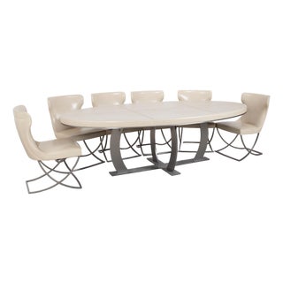 Dining Set with Leather Chairs and Oval Dining Table by Baxter Gilbert, Set of 8 For Sale