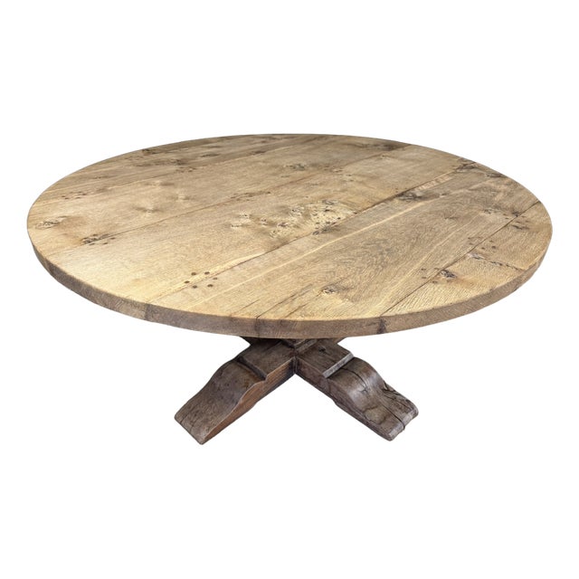 Large Round Bleached Oak Farmhouse Dining Table, 1925 For Sale
