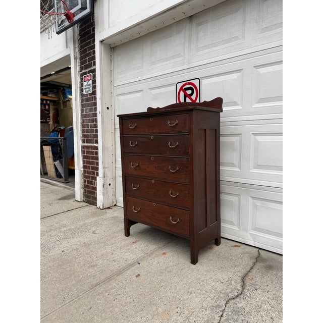 Arts & Crafts Early 20th Century Antique Oak Arts & Crafts Five-Drawer Tallboy Chest With Scalloped Backsplash For Sale - Image 3 of 12
