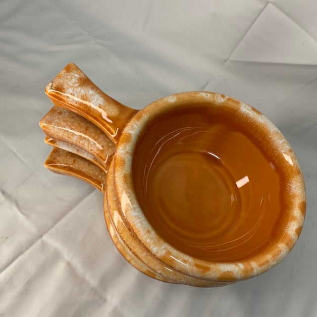These vintage handled pottery bowls are bright orange tangerine drip-glaze soup or chili crocks, mid-century ovenproof...