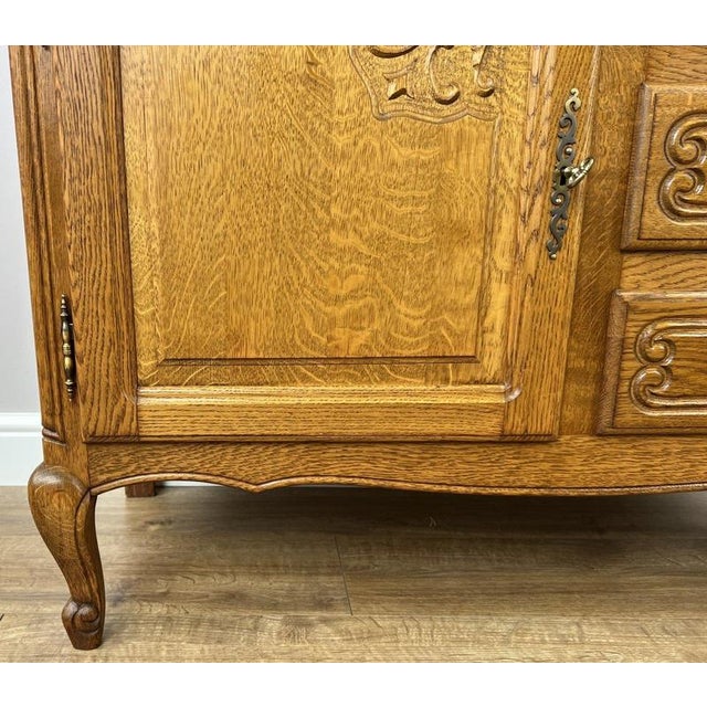 Vintage Louis XIV French Oak Sideboard with Carved Cupboard For Sale - Image 6 of 15