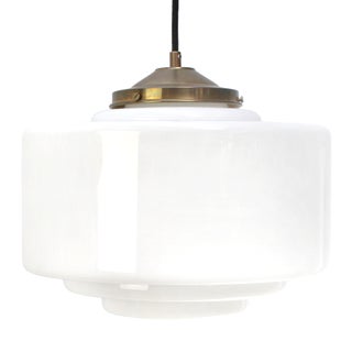 Vintage Art Deco Brass and White Opaline Glass Pendant Lamp For Sale
