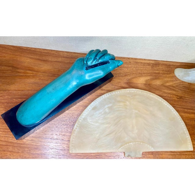 Teal 1984 Art Nouveau Hand Holding Frosted Lucite Fan With Imprinted Face Austin Productions Sculpture For Sale - Image 8 of 11