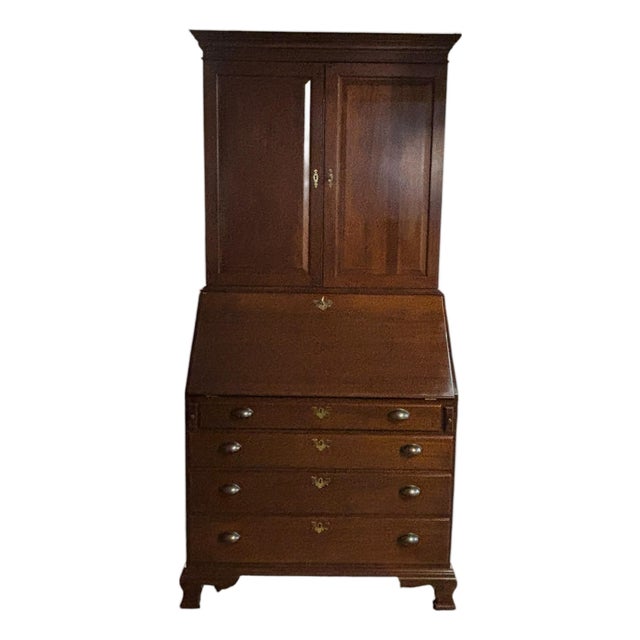 American Mahogany Secretary Desk Bookcase, Drop-Front Writing Desk With Hidden Compartments & Key For Sale