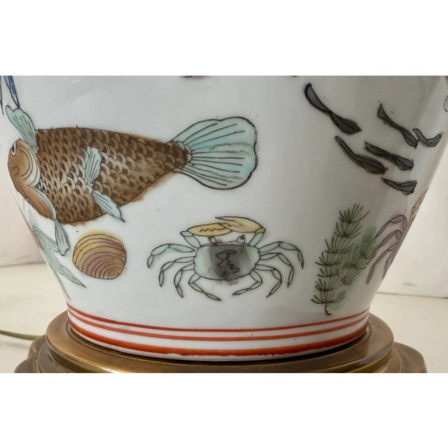 Pair of Ceramic & Brass Ginger Jar Table Lamps With Fish Motif From 80's. For Sale - Image 12 of 13