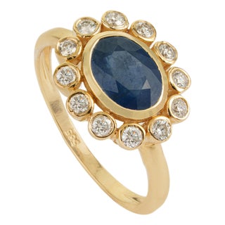 Modern 1.83ct Natural Sapphire Diamond Statement Ring in 14k Yellow Gold Size 4 For Sale